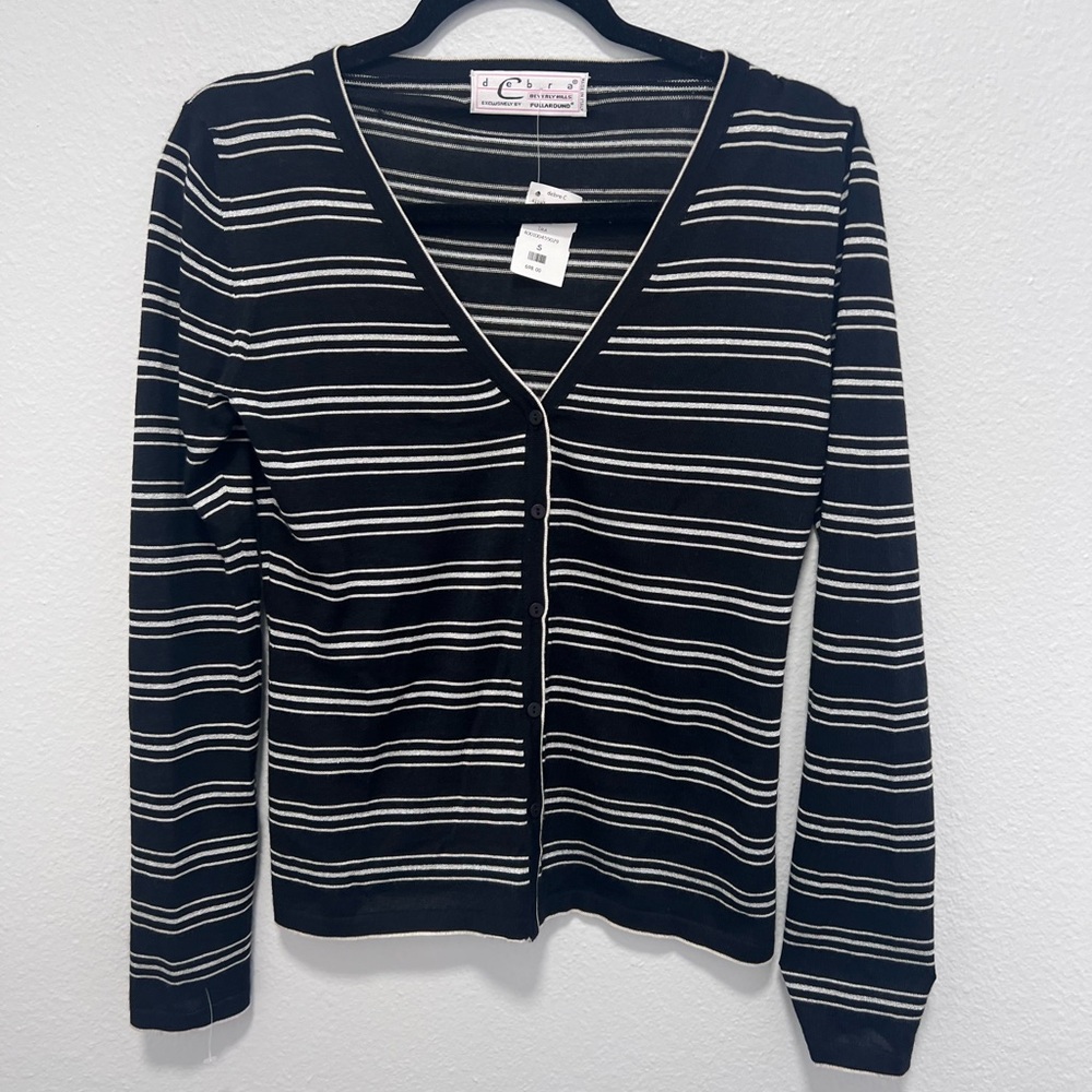 Debra C Beverly Hills Black and White Striped Cashmere Cardigan Size Small